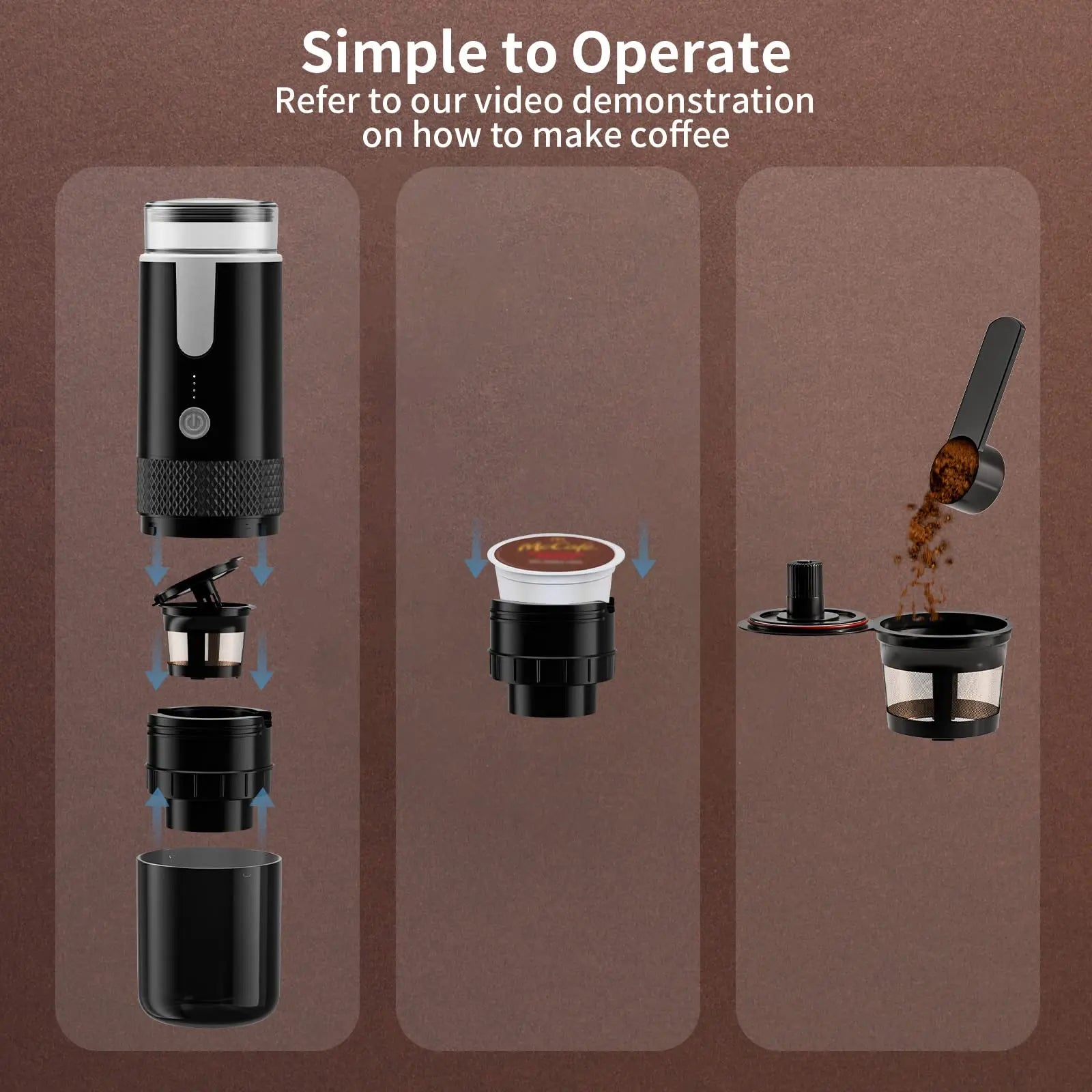 Portable Electric Coffee Maker for Ground Coffee and Capsules